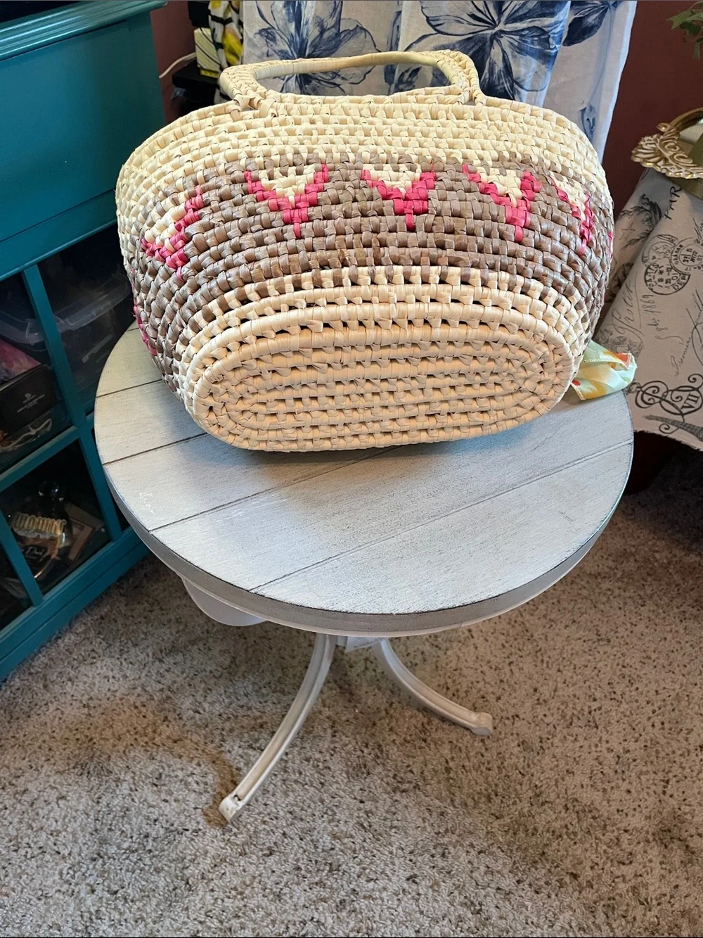Woven Straw Tote Bag with Pink Accent and scarf